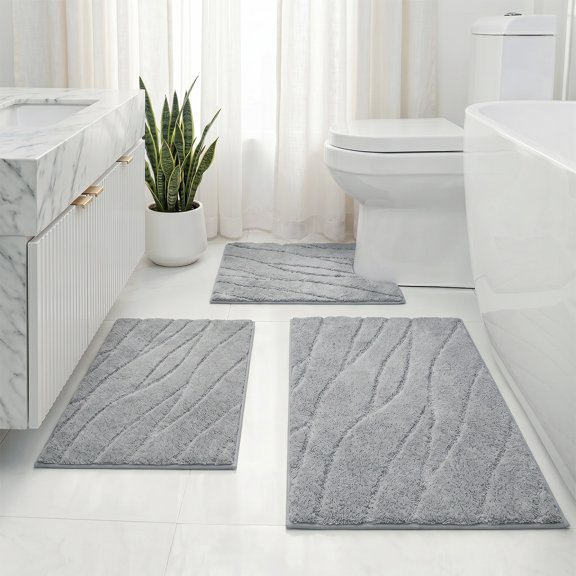 Aonewoe Bathroom Rug Sets 3 Piece Microfiber Water Absorbent Bath Mats with U-Shaped Mat Washable,Light Gray