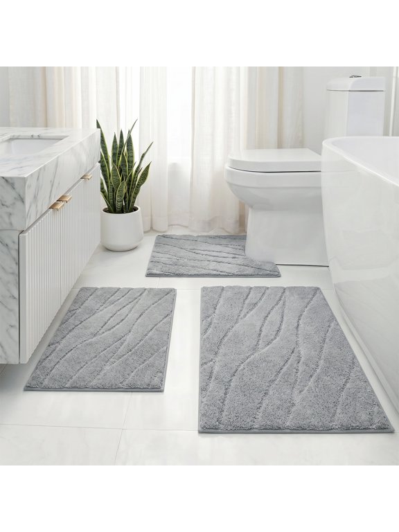 Bathroom Rug Sets 3 Piece Microfiber Water Absorbent Bath Mats with U-Shaped Mat Washable,Light Gray