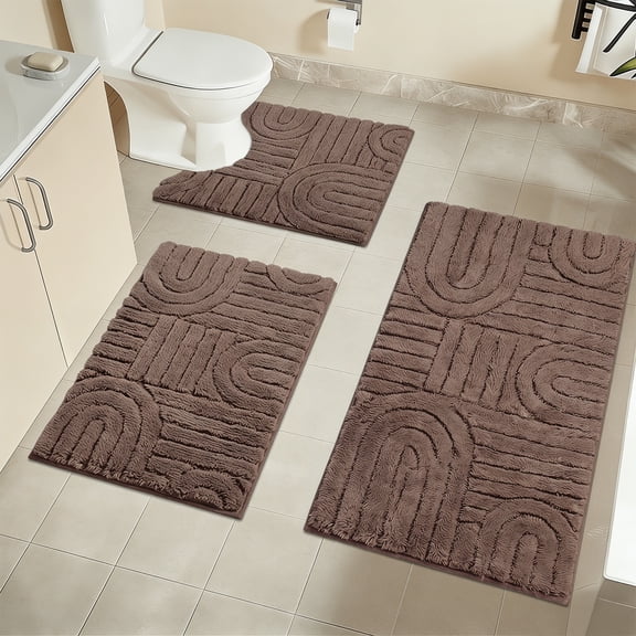 Aonewoe Bathroom Rug Set 3 Piece Microfiber Water Absorbent Bath Mats Washable Non Slip Bath and Toilet Rug Set for Shower Floor(Brown)