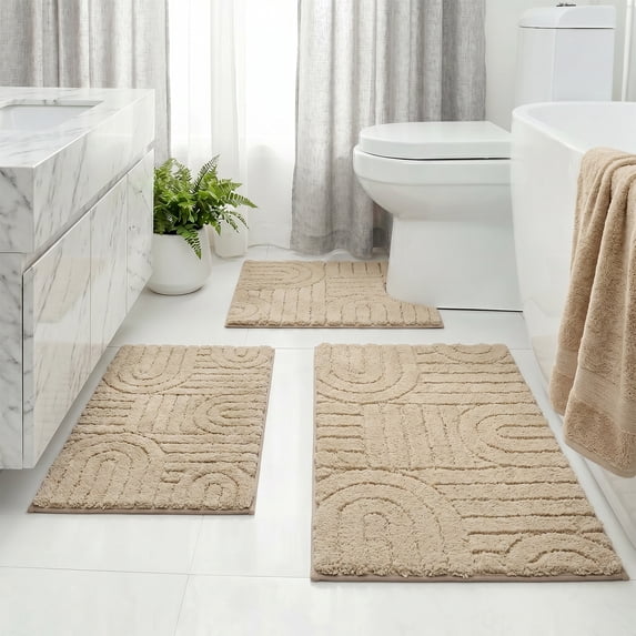 Aonewoe Bathroom Rug Set 3 Piece Microfiber Water Absorbent Bath Mats Washable Non Slip Bath and Toilet Rug Set for Shower Floor(Beige)