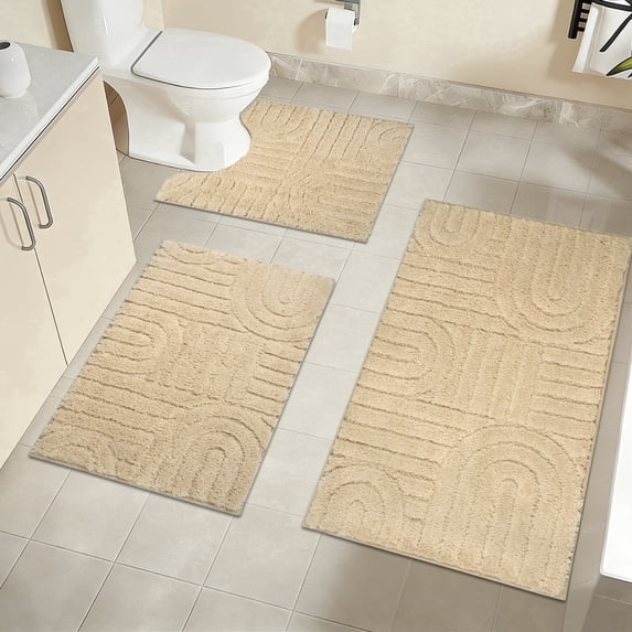 Aonewoe Bathroom Rug Set 3 Piece Microfiber Water Absorbent Bath Mats Washable Non Slip Bath and Toilet Rug Set for Shower Floor(Beige)