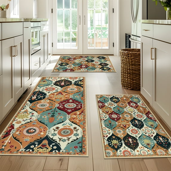 Aonewoe Boho Kitchen Rug Sets 3 Piece Non Slip Kitchen Rugs and Mats Washable Rugs for Hallway Laundry Holiday Decor