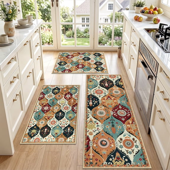 Aonewoe Boho Kitchen Rug Sets 3 Piece Non Slip Kitchen Rugs and Mats Washable Rugs for Hallway Laundry Holiday Decor
