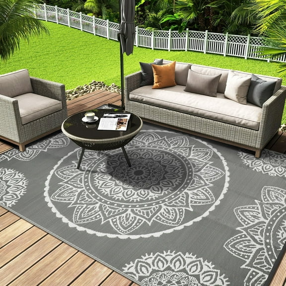 Aonewoe Boho Outdoor Plastic Straw Rug 8x10 Patio Waterproof Camping Carpet Reversible Indoor Outdoor Rugs for Outside, RV, Picnic, Backyard, Deck, Porch (Gray)