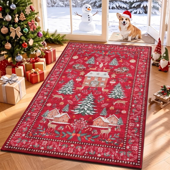 Aonewoe Christmas 3'x5' Area Rugs Washable Xmas Entryway Rug Non Skid Throw Rugs for Kitchen Low Pile Hallway Runner Rug Red Rug for Bedroom