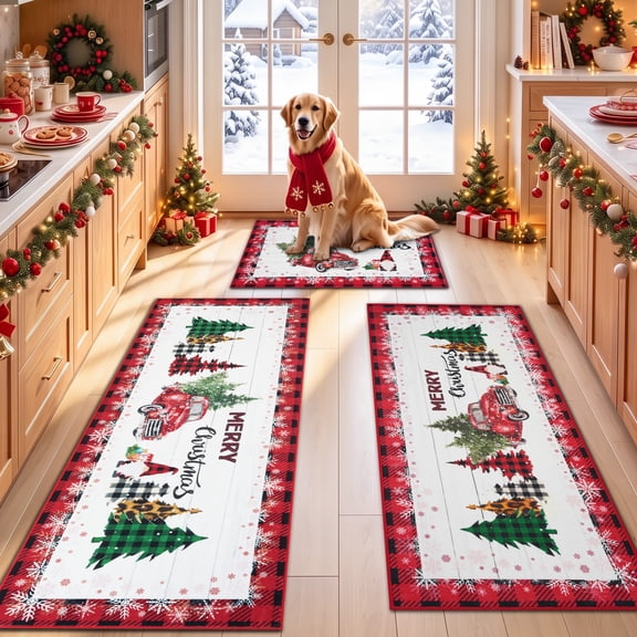 Aonewoe Christmas Kitchen Rug Sets of 3 Non Slip Kitchen Rugs and Runners Washable Xmas Truck Kitchen Mat Floor Carpet for Kitchen Hallway Laundry Room Sink Holiday Decor