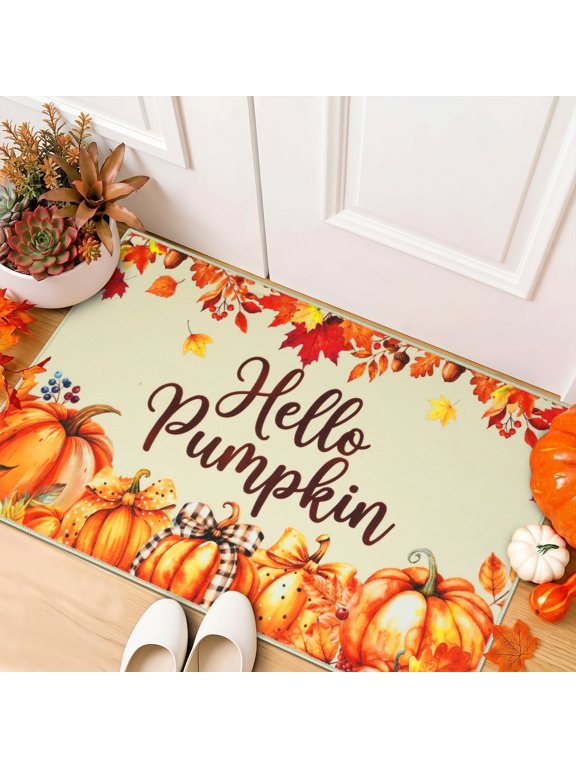 Fall Front Door Mat 24"×36" Non-Slip Pumpkin Welcome Doormat Washable Entrance Mats Low-Profile Farmhouse Entryway Rug for Indoor Outdoor