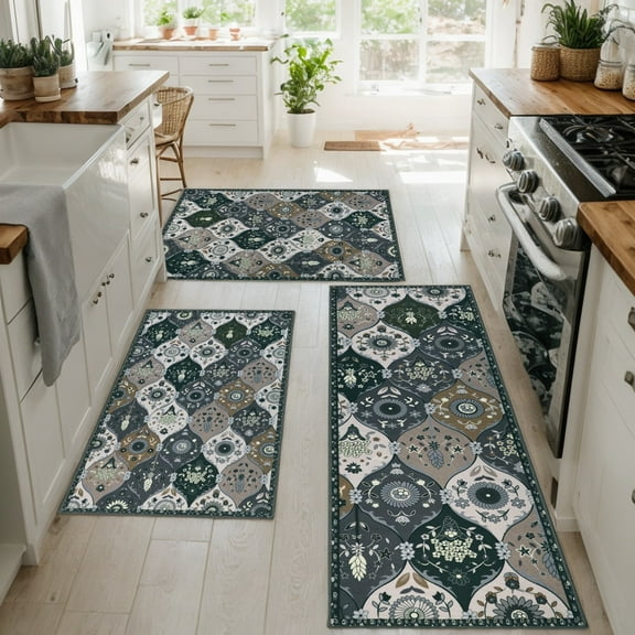 Aonewoe Farmhouse Kitchen Rugs Sets of 3, Washable Non Slip Kitchen Mats for Floor, Boho Floral Kitchen Rugs and Mats Set, Floor Rugs for Hallway Laundry Room Sink (Gray)