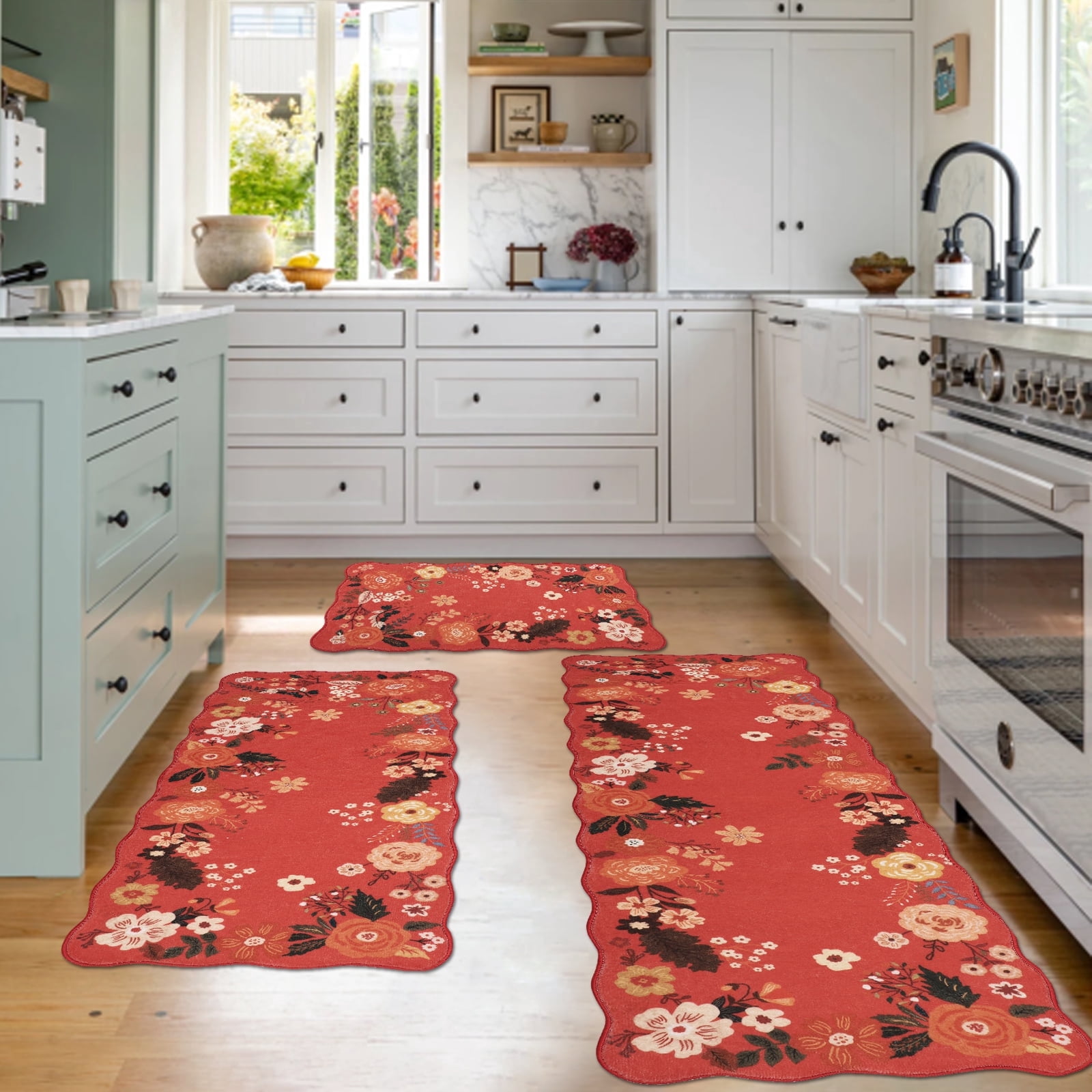 Aonewoe Floral Kitchen Rug Set of 3 Non Slip Kitchen Rugs and Mats ...
