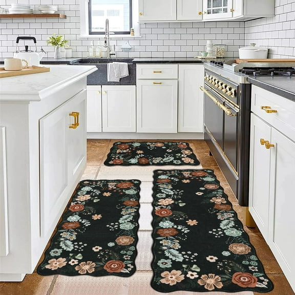 Aonewoe Floral Kitchen Rug Sets 3 Pieces Non Slip Kitchen Rugs and Mats Washable Kitchen Mats Kitchen Area Rug for Holiday Decor Low Pile Floor Carpet for Kitchen Laundry Room (Black)