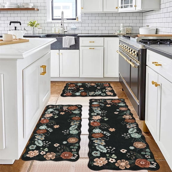 Aonewoe Floral Kitchen Rug Sets 3 Pieces Non Slip Kitchen Rugs and Mats Washable Kitchen Mats Kitchen Area Rug for Holiday Decor Low Pile Floor Carpet for Kitchen Laundry Room (Black)