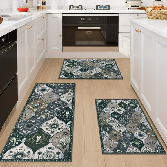 Aonewoe Floral Kitchen Rug Sets 3 Pieces Non Slip Kitchen Rugs and Mats Washable Kitchen Mats Kitchen Area Rug for Holiday Decor Low Pile Floor Carpet for Kitchen Laundry Room(Green)