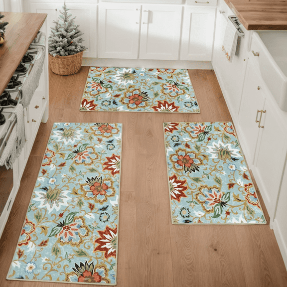Aonewoe Floral Kitchen Rugs Sets 3 Piece with Runner, Non Slip Washable Kitchen Mat for Floor, Boho Kitchen Rugs and Mats, Carpet Runners for Hallways Kitchen Sink Laundry