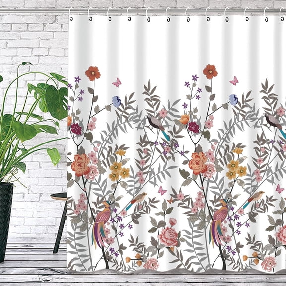 Aonewoe Floral Shower Curtain with 12 Hooks Mould Proof Quick-Drying Natural Bird Curtain for Bathroom