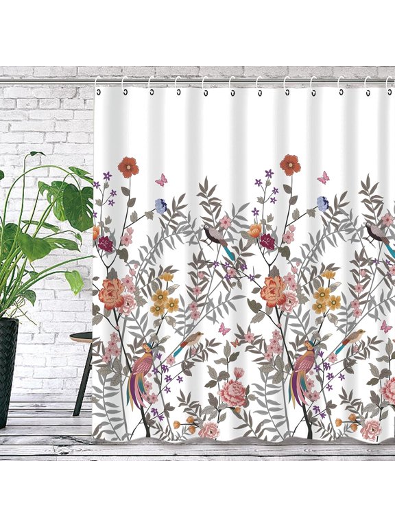 Floral Shower Curtain with 12 Hooks Mould Proof Quick-Drying Natural Bird Curtain for Bathroom