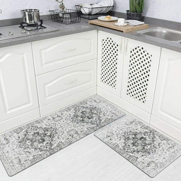 Aonewoe Kitchen Rug and Mats 2 Pieces Anti Fatigue PVC Leather Heavy Duty Standing Mats for Kitchen Sink Office Standing Desk Rug Wipe Clean