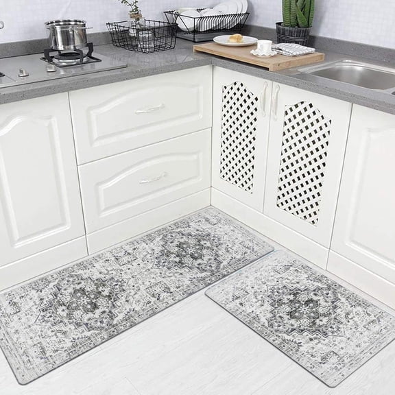 Aonewoe Kitchen Rug and Mats 2 Pieces Anti Fatigue PVC Leather Heavy Duty Standing Mats for Kitchen Sink Office Standing Desk Rug Wipe Clean
