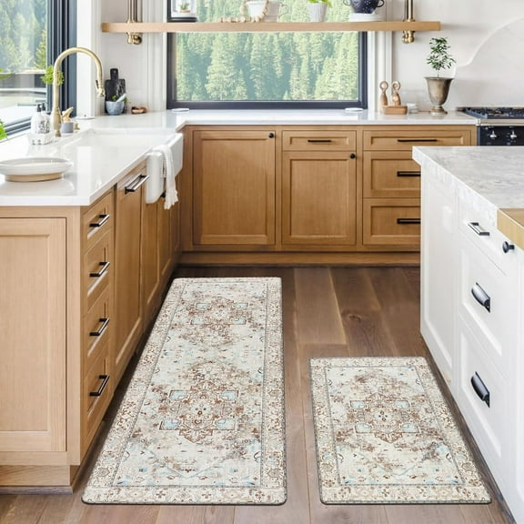 Aonewoe  Kitchen Rug and Mats 2 Pieces PVC Leather Heavy Duty Standing Mats for Kitchen Sink Office Standing Desk Rug Wipe Clean