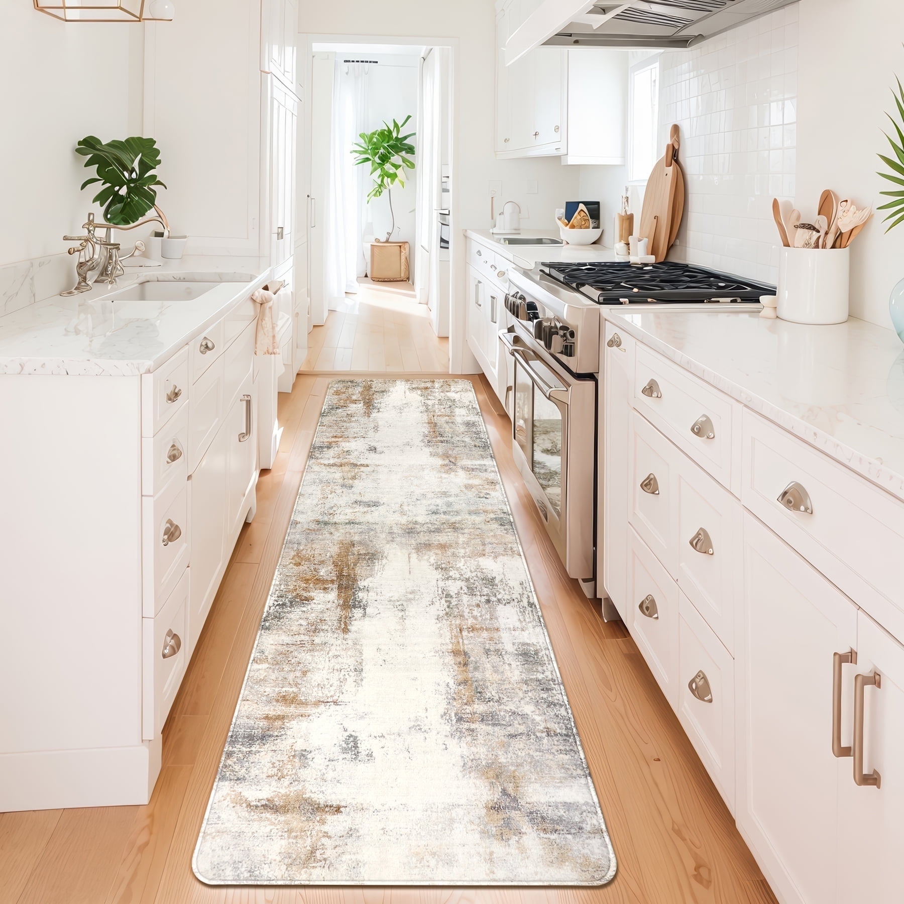 Aonewoe Modern Abstract Hallway Runner Rug 2x10, Washable Runner Rug, Non Slip Kitchen Runner Rugs, Soft Carpet Runners for Hallway Kitchen Bathroom Bedroom Entryway (Beige)