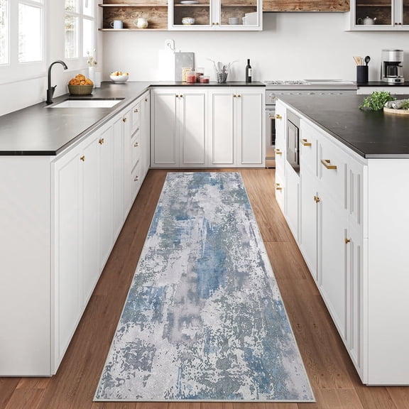 Aonewoe Modern Abstract Hallway Runner Rug 2x10, Washable Runner Rug, Non Slip Kitchen Runner Rugs, Soft Carpet Runners for Hallway Kitchen Bathroom Bedroom Entryway (Blue)