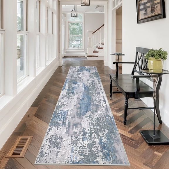 Aonewoe Modern Abstract Hallway Runner Rug 2x10, Washable Runner Rug, Non Slip Kitchen Runner Rugs, Soft Carpet Runners for Hallway Kitchen Bathroom Bedroom Entryway (Blue)
