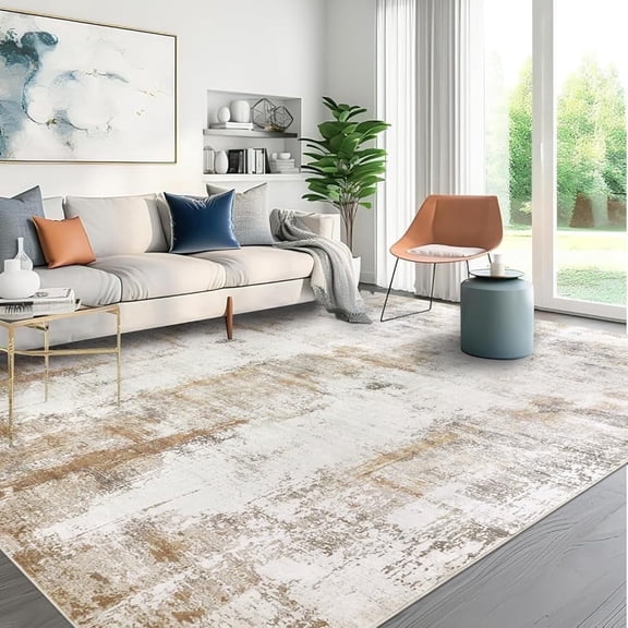 Aonewoe Modern Area Rug 8x10 Rugs for Living Room Washable Thin Bedroom Rug Large Low Pile Carpet Rugs for Living Room Dining Room Office (Beige Camel)