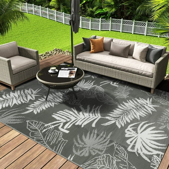 Aonewoe Outdoor Plastic Straw Rug 5x8 Waterproof Patio Rug Reversible Indoor Outdoor Rugs Outside Carpet for RV, Picnic, Backyard, Deck, Balcony, Porch, Beach, Gray & White