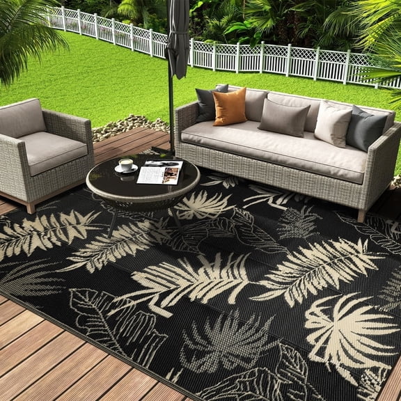 Aonewoe Outdoor Plastic Straw Rug 6x9 Waterproof Patio Rug Reversible Indoor Outdoor Rugs Outside Carpet for RV, Picnic, Backyard, Deck, Balcony, Porch, Beach, Black & Brown
