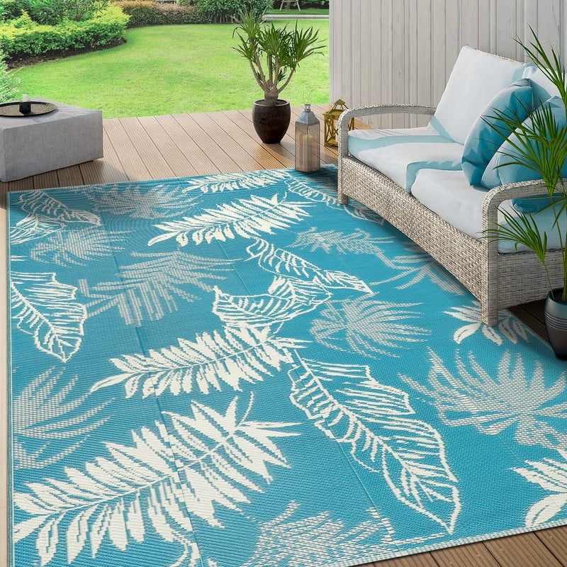 Aonewoe Outdoor Plastic Straw Rug 8x10 Waterproof Patio Rug Reversible Indoor Outdoor Rugs Outside Carpet for RV, Picnic, Backyard, Deck, Balcony, Porch, Beach, Blue & White