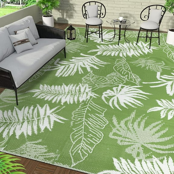 Aonewoe Outdoor Plastic Straw Rug 8x10 Waterproof Patio Rug Reversible Indoor Outdoor Rugs Outside Carpet for RV, Picnic, Backyard, Deck, Balcony, Porch, Beach, White & Light Green