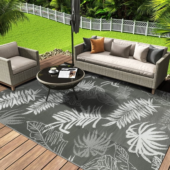 Aonewoe Outdoor Plastic Straw Rug 9x12 Waterproof Patio Rug Reversible Indoor Outdoor Rugs Outside Carpet for RV, Picnic, Backyard, Deck, Balcony, Porch, Beach, Gray & White