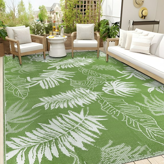Aonewoe Outdoor Plastic Straw Rug 9x12 Waterproof Patio Rug Reversible Indoor Outdoor Rugs Outside Carpet for RV, Picnic, Backyard, Deck, Balcony, Porch, Beach, White & Light Green