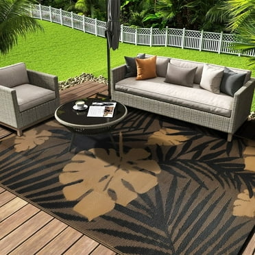 Aonewoe Outdoor Rug 6x9 Waterproof Patio Rug Reversible Plastic Straw Rug Indoor Outdoor Area Rugs Camping Carpet for RV, Picnic, Backyard, Deck, Balcony, Porch, Beach, Brown & Black