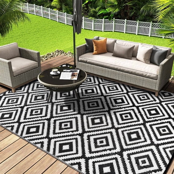 Aonewoe Outdoor Rug 6x9 Waterproof Reversible Camping Rug Patio Rug Plastic Straw Rug Outside Indoor Outdoor Area Rug for Patio Deck Balcony Picnic Beach, Black & White