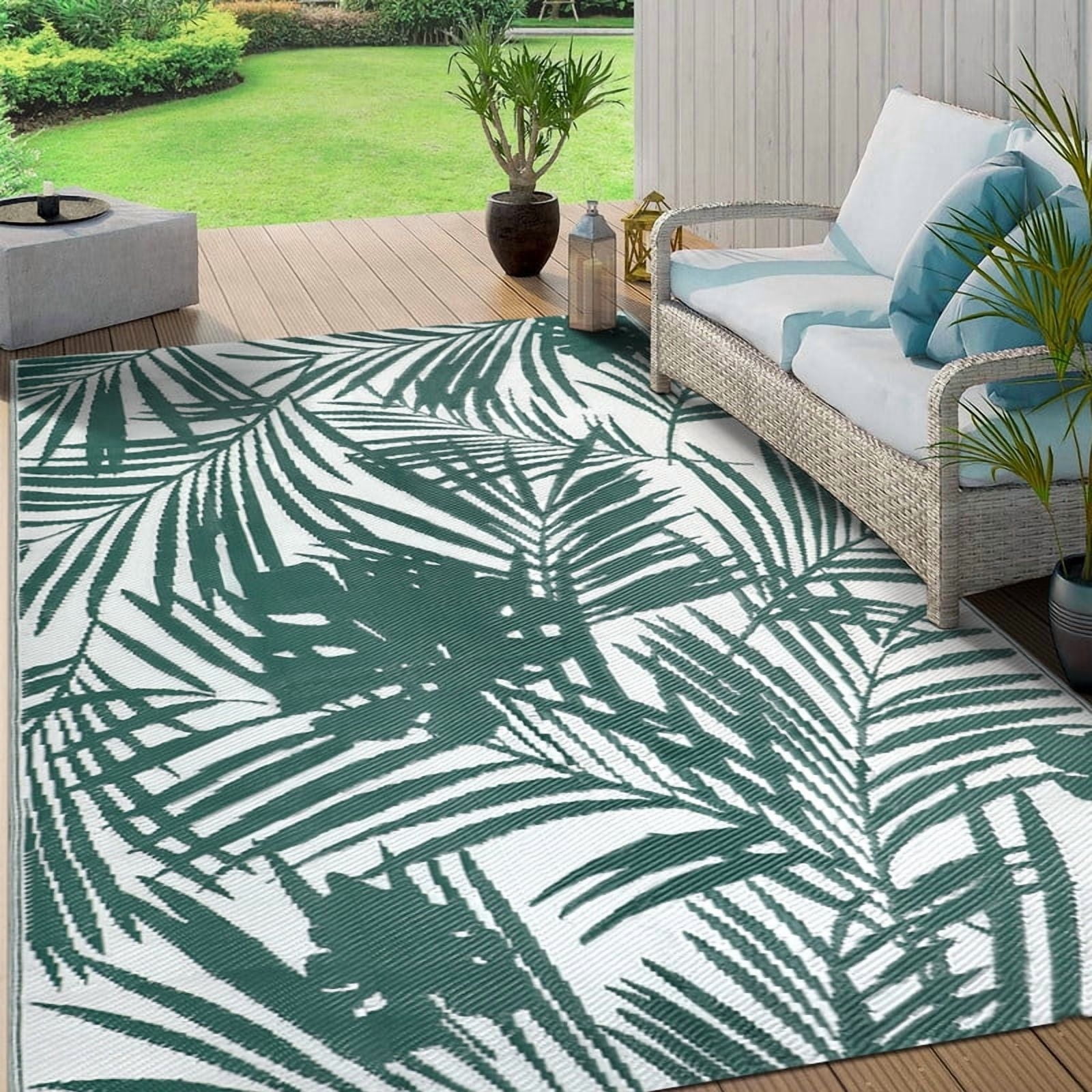 Aonewoe Outdoor Rug 6x9 Waterproof Reversible Plastic Straw Camping Rugs for Outside RV, Indoor Outdoor Area Rugs for Patio,Deck,Porch,Balcony, Green & White