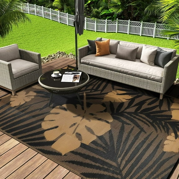 Aonewoe Outdoor Rug 8x10 Waterproof Patio Rug Reversible Plastic Straw Rug Indoor Outdoor Area Rugs Camping Carpet for RV, Picnic, Backyard, Deck, Balcony, Porch, Beach, Brown & Black