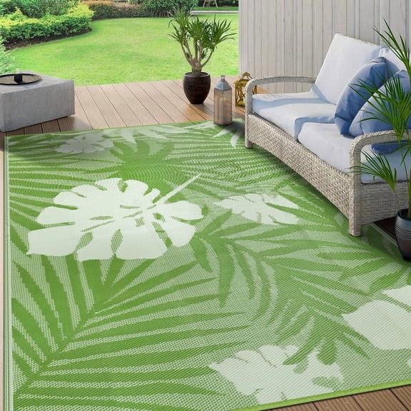 Aonewoe Outdoor Rug 9x12 Waterproof Patio Rug Reversible Plastic Straw Rug Indoor Outdoor Area Rugs Camping Carpet for RV, Picnic, Backyard, Deck, Balcony, Porch, Beach, Green & White