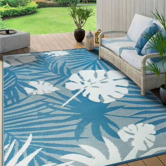 Aonewoe Outdoor Rug 9x12 Waterproof Patio Rug Reversible Plastic Straw Rug Indoor Outdoor Area Rugs Camping Carpet for RV, Picnic, Backyard, Deck, Balcony, Porch, Beach, Blue & White