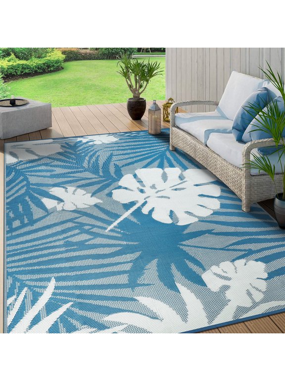 Outdoor Rug 9x12 Waterproof Patio Rug Reversible Plastic Straw Rug Indoor Outdoor Area Rugs Camping Carpet for RV, Picnic, Backyard, Deck, Balcony, Porch, Beach, Blue & White
