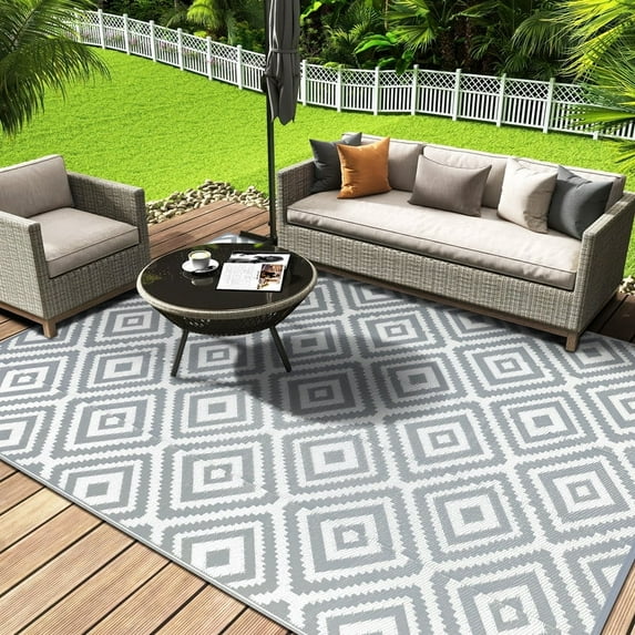 Aonewoe Outdoor Rug 9x12 Waterproof Reversible Camping Rug Patio Rug Plastic Straw Rug Outside Indoor Outdoor Area Rug for Patio Deck Balcony Picnic Beach, Gray & White