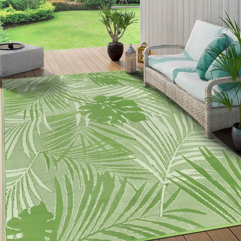 Aonewoe Outdoor Rug 9x12 Waterproof Reversible Plastic Straw Camping Rugs for Outside RV, Indoor Outdoor Area Rugs for Patio,Deck,Porch,Balcony, Light Green & White