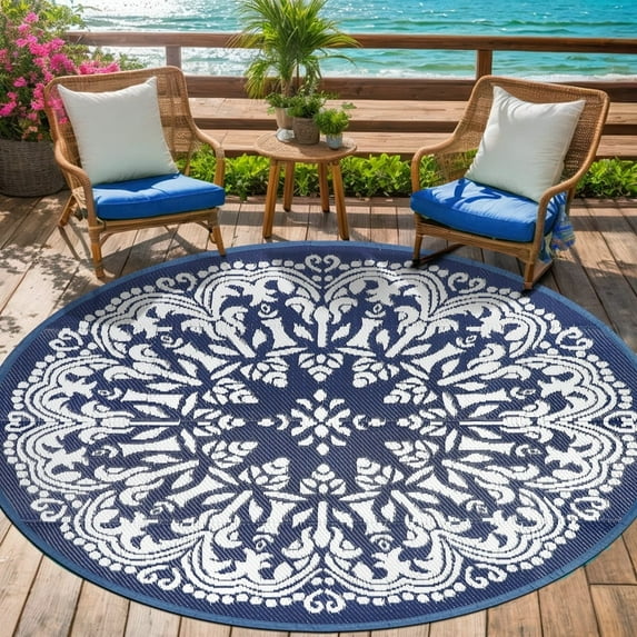Aonewoe Round Outdoor Rugs 10Ft Waterproof Patio Plastic Straw Rug Reversible Camping Carpet Indoor Outdoor Area Rug for Patio,Deck,Balcony,Picnic,Beach,Outside