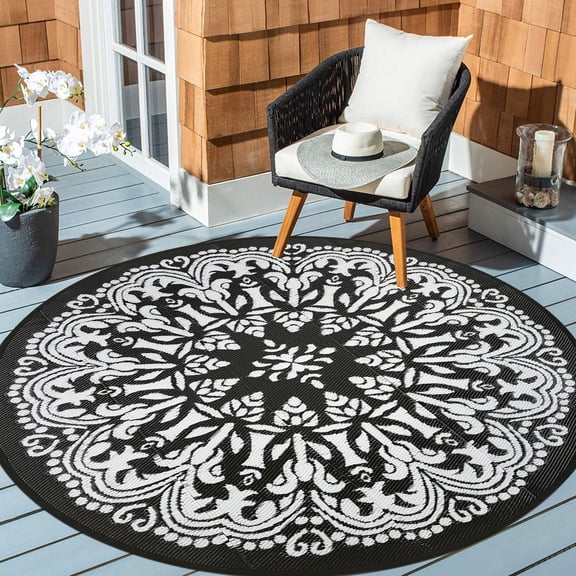 Aonewoe Round Outdoor Rugs 5Ft Waterproof Patio Plastic Straw Rug Reversible Camping Carpet Indoor Outdoor Area Rug for Patio,Deck,Balcony,Picnic,Beach,Outside