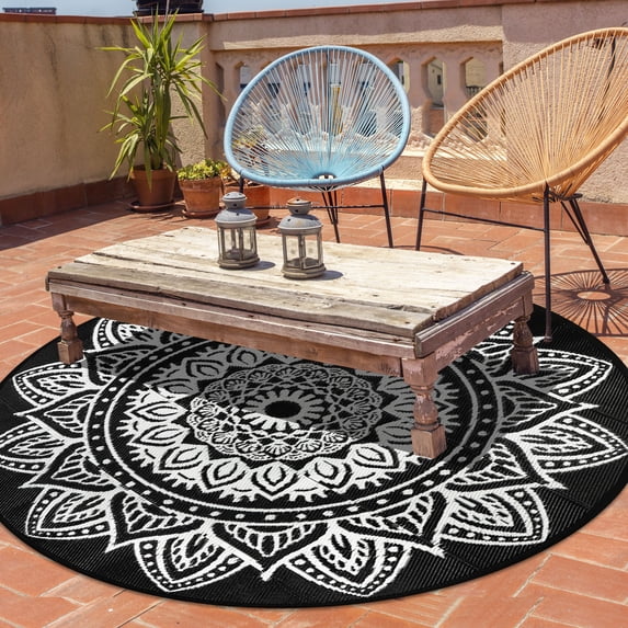 Aonewoe Round Outdoor Rugs 5Ft Waterproof Patio Plastic Straw Rug Reversible Camping Carpet Indoor Outdoor Area Rug for Patio,Deck,Balcony,Picnic,Beach,Outside