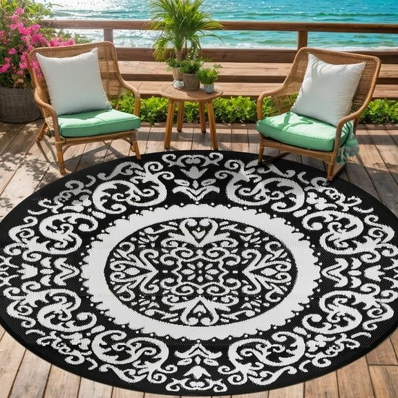 Aonewoe Round Outdoor Rugs 5Ft Waterproof Patio Plastic Straw Rug Reversible Camping Carpet Indoor Outdoor Area Rug for Patio,Deck,Balcony,Picnic,Beach,Outside