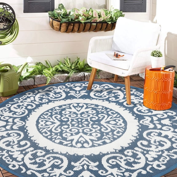 Aonewoe Round Outdoor Rugs 5Ft Waterproof Patio Plastic Straw Rug Reversible Camping Carpet Indoor Outdoor Area Rug for Patio,Deck,Balcony,Picnic,Beach,Outside