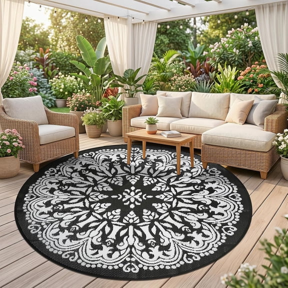 Aonewoe Round Outdoor Rugs 6Ft Waterproof Patio Plastic Straw Rug Reversible Camping Carpet Indoor Outdoor Area Rug for Patio,Deck,Balcony,Picnic,Beach,Outside