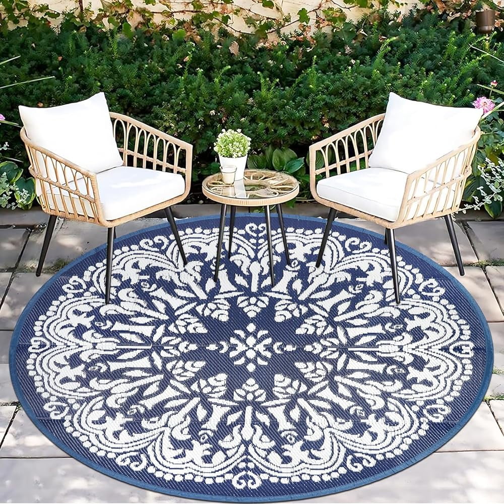 Aonewoe Round Outdoor Rugs 6Ft Waterproof Patio Plastic Straw Rug Reversible Camping Carpet Indoor Outdoor Area Rug for Patio,Deck,Balcony,Picnic,Beach,Outside