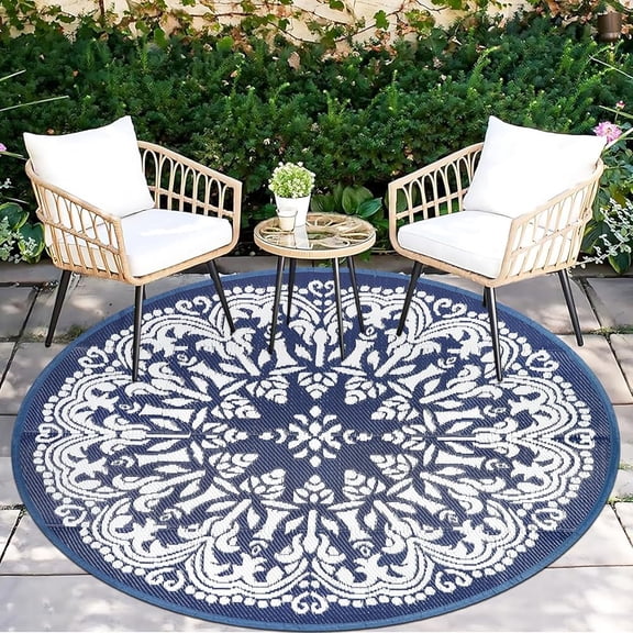 Aonewoe Round Outdoor Rugs 6Ft Waterproof Patio Plastic Straw Rug Reversible Camping Carpet Indoor Outdoor Area Rug for Patio,Deck,Balcony,Picnic,Beach,Outside