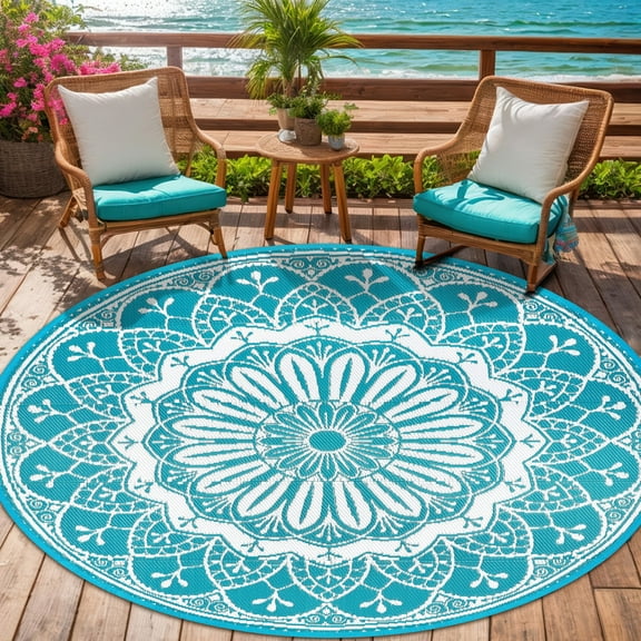 Aonewoe Round Outdoor Rugs 6Ft Waterproof Patio Plastic Straw Rug Reversible Camping Carpet Indoor Outdoor Area Rug for Patio,Deck,Balcony,Picnic,Beach,Outside